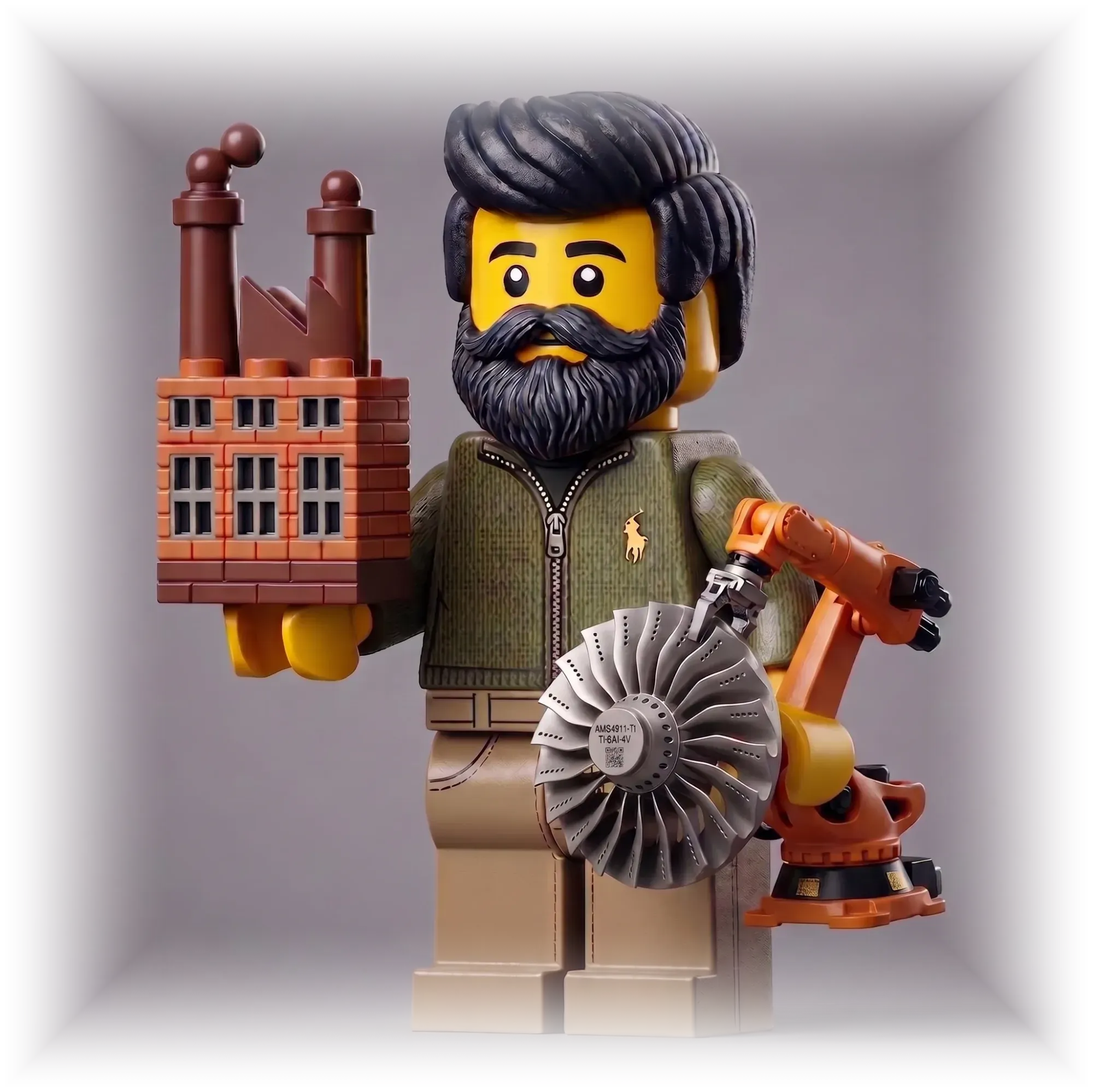 A minifigure of Rev holding a factory, a turbine and a robot arm