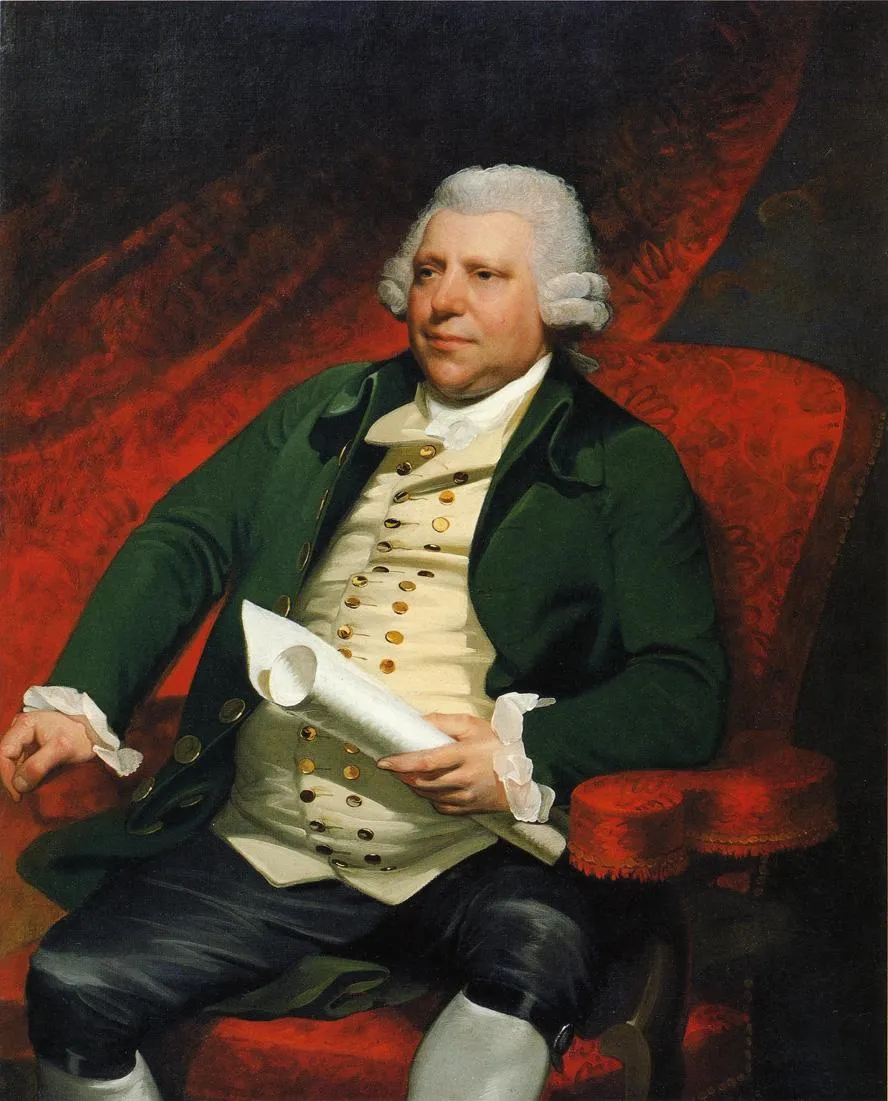 Portrait of Richard Arkwright seated in a red chair in a green coat and white wig, holding a rolled document
