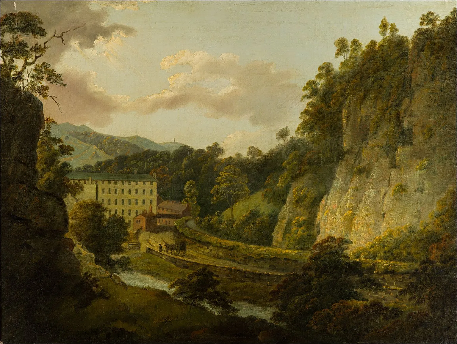 Oil painting of Cromford Mill, a pale multi-storey block in a wooded Derbyshire valley, with a horse and cart on the road beside the river