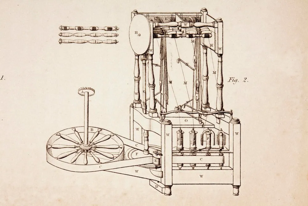 Engraving of Arkwright's water frame, its spindles and rollers lettered for reference, driven by a belt from a large wheel